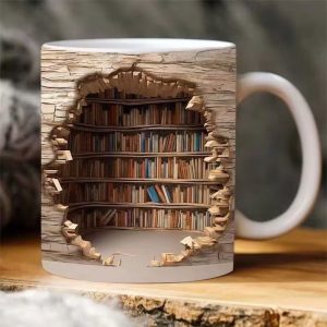 3D Library Bookshelf Ceramic Coffee Mug, Creative Design Multi-purpose Cup, 401-500ml Capacity, Unique Gift for Book Lovers - Beige Bookstore