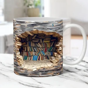 3D Bookshelf Ceramic Coffee Mug, 11oz Library Book Shelf Design Tea Cup, Microwave & Dishwasher Safe Gift for Readers - C