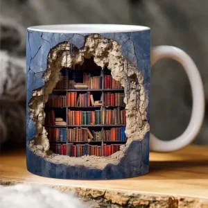 3D Bookshelf Ceramic Coffee Mug, 11oz Library Book Shelf Design Tea Cup, Microwave & Dishwasher Safe Gift for Readers - A