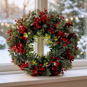 Christmas Wreath with Red Berries and Artificial Eucalyptus Leaves - Holiday Door Hanger for Indoor and Outdoor Decor